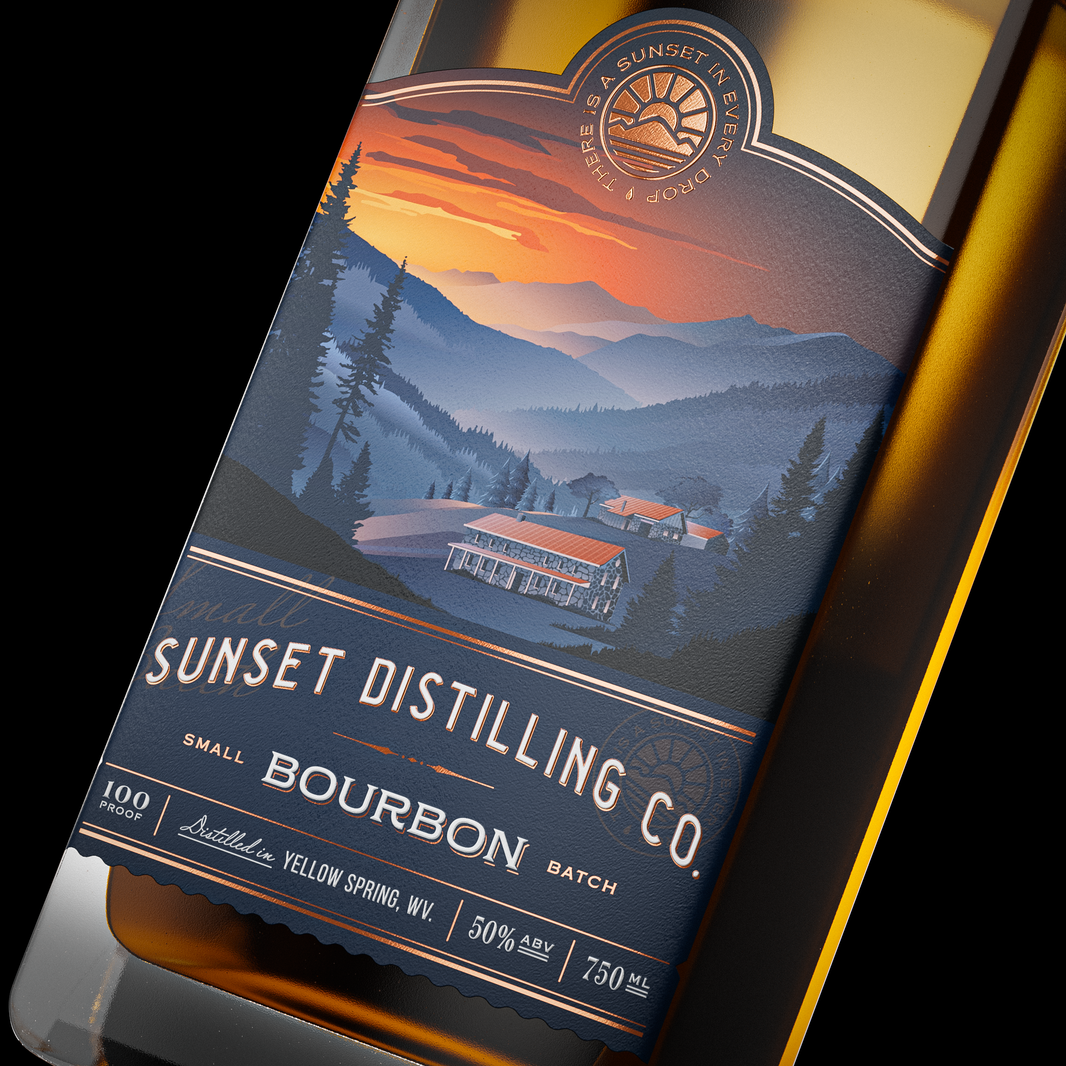 Sunset Distilling Co 3d alcohol bourbon brand identity branding distillery graphic design hand drawn illustration label label design logo packaging packaging design vector whiskey
