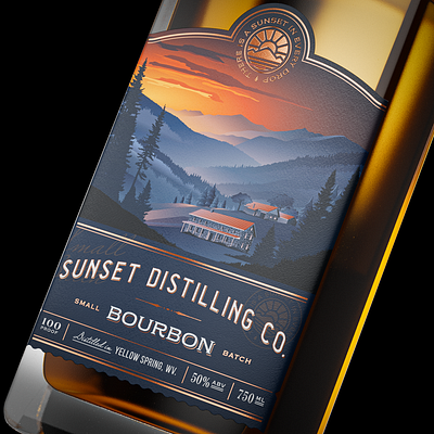 Sunset Distilling Co 3d alcohol bourbon brand identity branding distillery graphic design hand drawn illustration label label design logo packaging packaging design vector whiskey