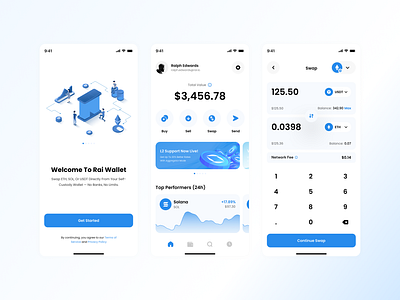 Rai Wallet — Crypto Wallet App UI app avalanche balance bitcoin chart crypto defi ethereum exchange finance fintech illustration metamask phantom product design solana swap ui wallet web3