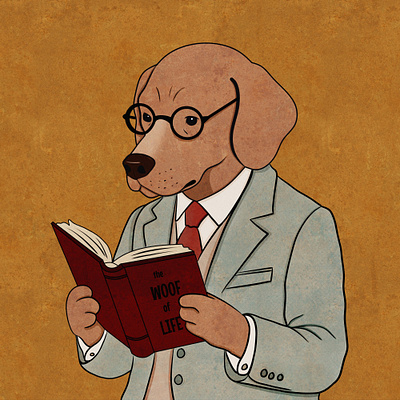 The Woof Of Life animal books card comic cute decoration design dog funny illustration philosophy poster psychology reading retro