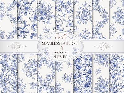 Toile Floral Seamless Patterns Set. Hand drawn vector blue bouquet clematis design drawing etching floral background floral ornament flowers graphics hand drawn illustration monochrome seamless pattern set pattern sketch toile vector vintage wedding pattern