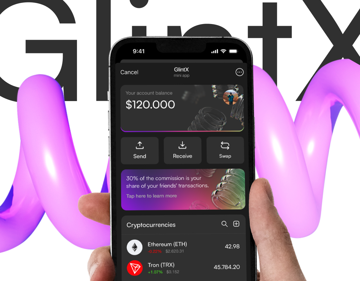 GlintX – Cryptowallet UX/UI Design 💜 app design blockchain branding crypto crypto ui cryptocurrency cryptowallet fintech mobile app mobile app design telegram ui ui design ui ux ux ui wallet web3