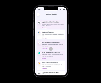 “Beauty Salon App - Notification Screen 🚀” app clean design design thinking interaction mobile app product desingn prototype ui ui ux user panel