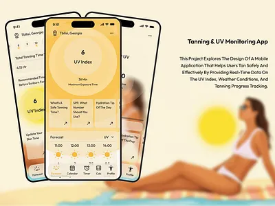 Tanning & UV Monitoring App app design mobileux tanning app ui uiux uiux design usercentereddesign userexperience uv ux uxdesign uxresearch weather app