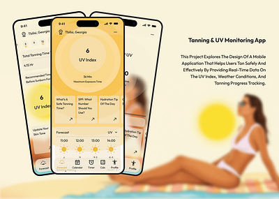 Tanning & UV Monitoring App app design mobileux tanning app ui uiux uiux design usercentereddesign userexperience uv ux uxdesign uxresearch weather app