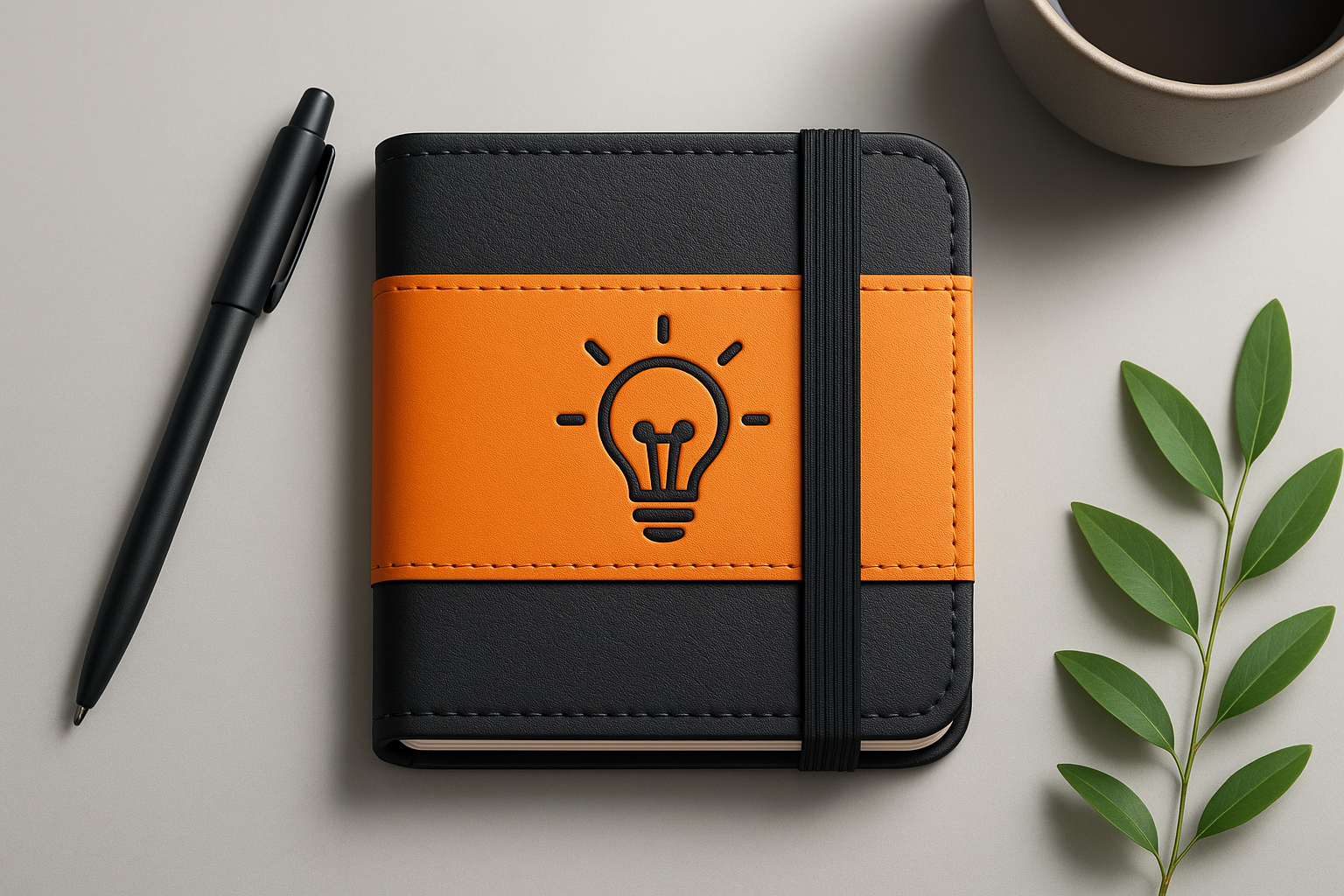 Creative Leather Notebook Mockup – Minimal Workstation Scene brandingshowcase creativenotebook deskmockup leathernotebook lightbulbicon minimalsetup notebookmockup officeinspiration productmockup stationerydesign topviewmockup workspaceflatlay