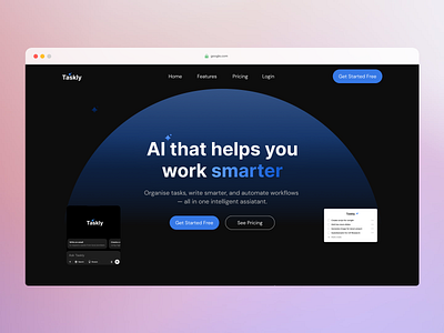 Landing Page Design for Taskly – AI Assistant ai aiassistant aidesign aiwebsite bluecolor branding design dribbbleshot figmadesign productdesign pushkarverma ui uxdesign webdesign website