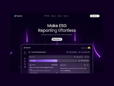 Regulatis – AI-Powered Compliance Dashboard & Branding ai dashboard ui b2b dashboard design branding and ui package clean ux for enterprise compliance platform ux dark mode web design data visualization ui design system for saas enterprise ux design esg reporting ui figma ui case study futuristic dashboard ui mobile first dashboard ux modern web app design purple ui design saas product design startup web design tech branding design user interface for ai tools ux for saas platforms