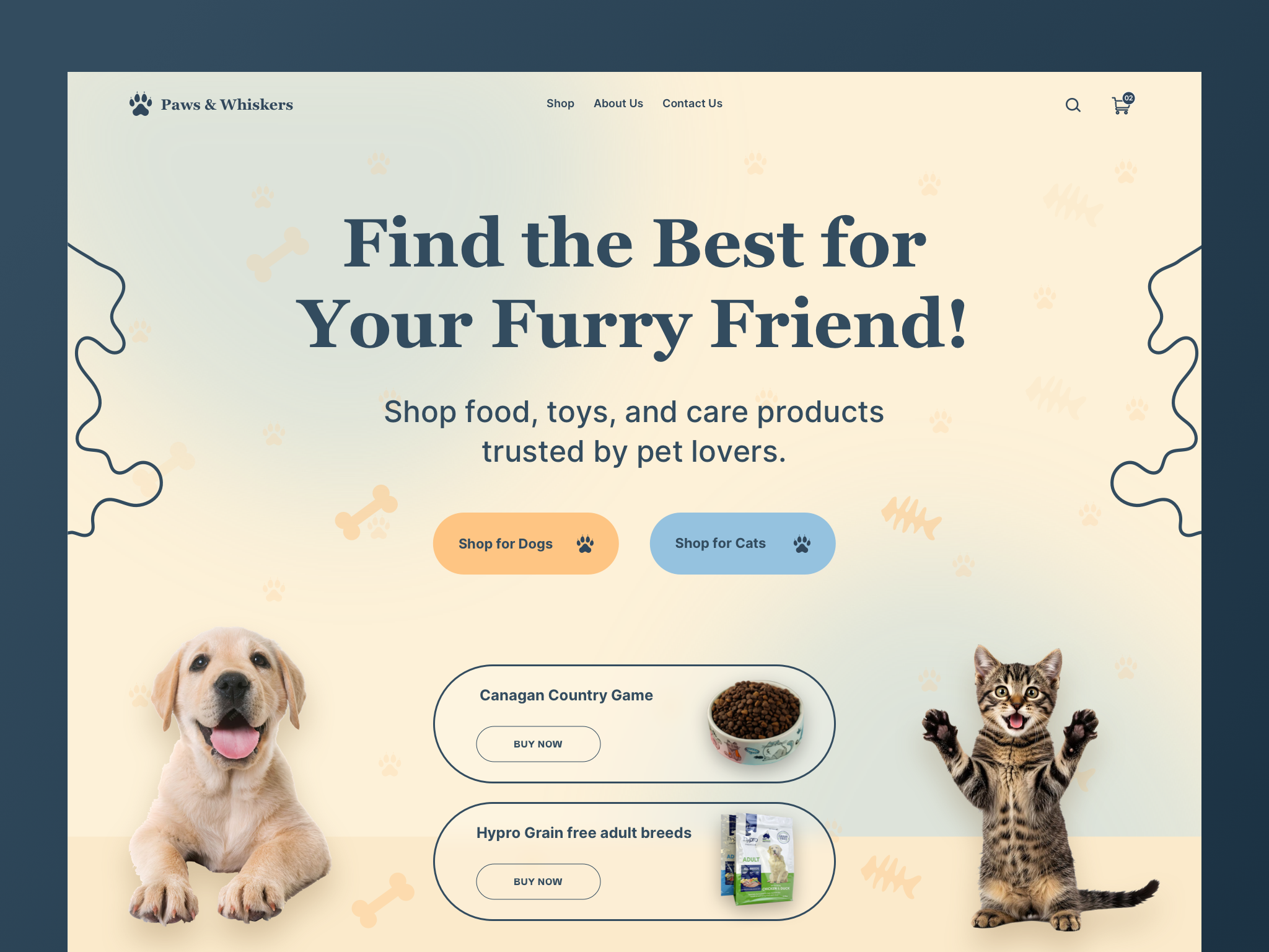Paws & Whiskers animaldesign animallovers catlovers cutedesign dog website doglovers dribbble ecommerce figma headerdesign landingpage pawsandwhiskers petecommerce petstore petwebsite playfului puppycatheader uiuxdesign ux webdesign