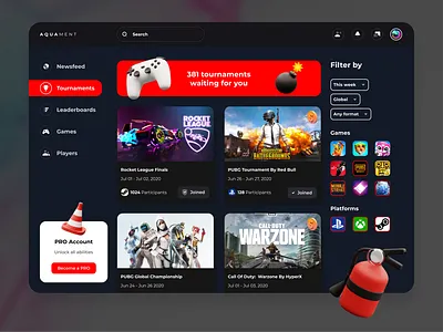 Gaming Tournament Hub UI – Dark Mode Experience for Pro Gamers appdesign figmaui saasappdesign ui ui ux uidesign userexperience userinterface uxdesign