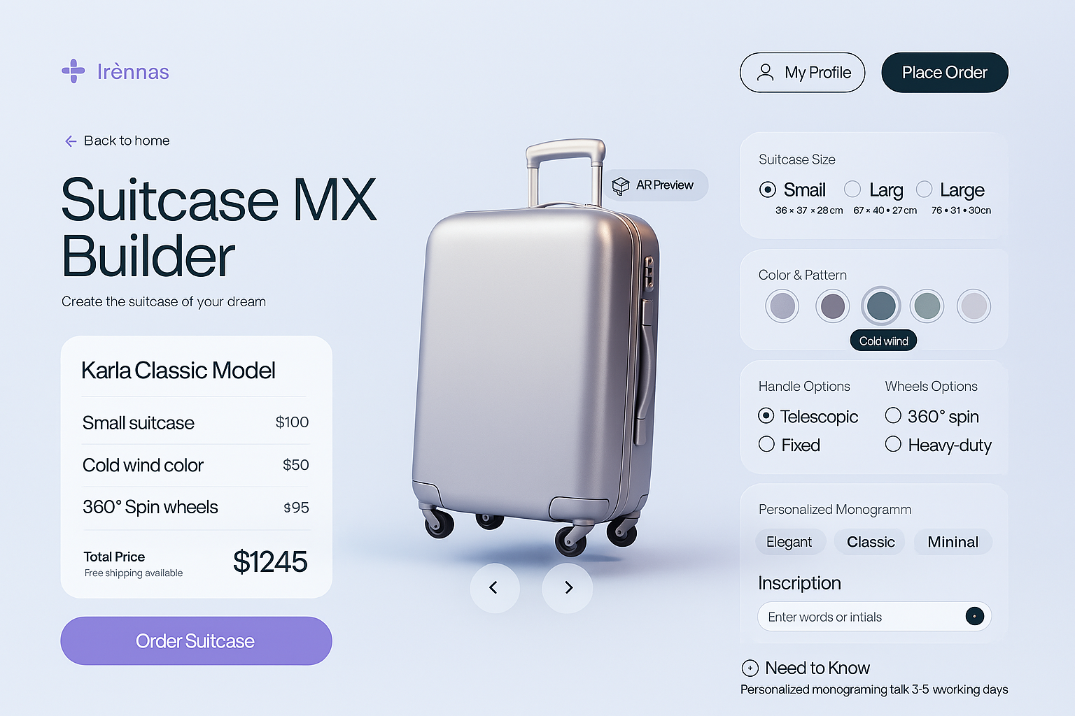 Suitcase MX Builder – Modern UI for Custom Luggage Experience 3dproduct arpreview designsystem ecommerceui minimaldesign modernui productcustomizer suitcasebuilder travelapp uidesign uiuxinspiration userexperience uxdesign uxinterface webappdesign