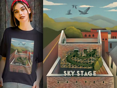 Sky Stage Illustration apparel arts birds building community custom frederick graphic illustration open procreate scenic sky stage stone structure travel tshirt vibrant