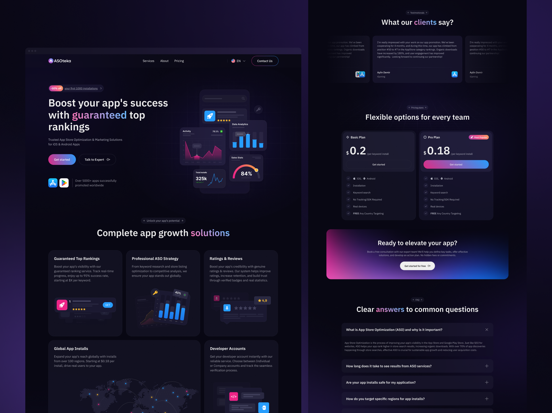 ASO & Marketing Solutions branding clean design dailyui dark theme design illustration landing page product design ui ux web design