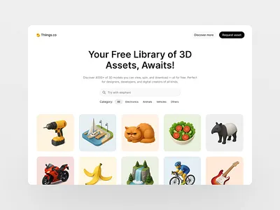 Thiings.co Homepage Redesign 3d 3d assets figma gallery homepage landing page thiings.co ui ui design ux design website