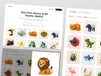 Redesign of Thiings.co 3d 3d asset 3d characters asset figma gallery grid layout homepage landing page redesign thiings.co ui design uiux website