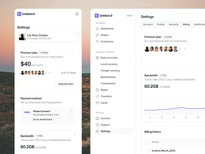 Settings page — Untitled UI billing history billing settings payment method plans and billing product design ui design user interface