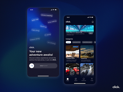 click. I experience booking app blue button clean dark dark mode design gradient home ios iphone logo minimal mobile mobile design modern swipe ui user interface ux