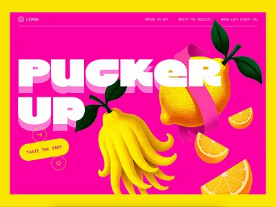 Lemons — A Tart & Juicy Landing Page Concept animation bold headline bright design bright pink colorful design digital design fruit fruity halftone shading illustration landing page lemon lemons loading animation modern typography pink and yellow retro illustration vintage type visual design