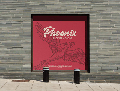 Phoenix Recovery Goods Storefront Mockup animal brand design brand identity branding branding design hand drawn identity design illiustration illustration lettering logo logo design mockup phoenix retro script store vintage visual identity window