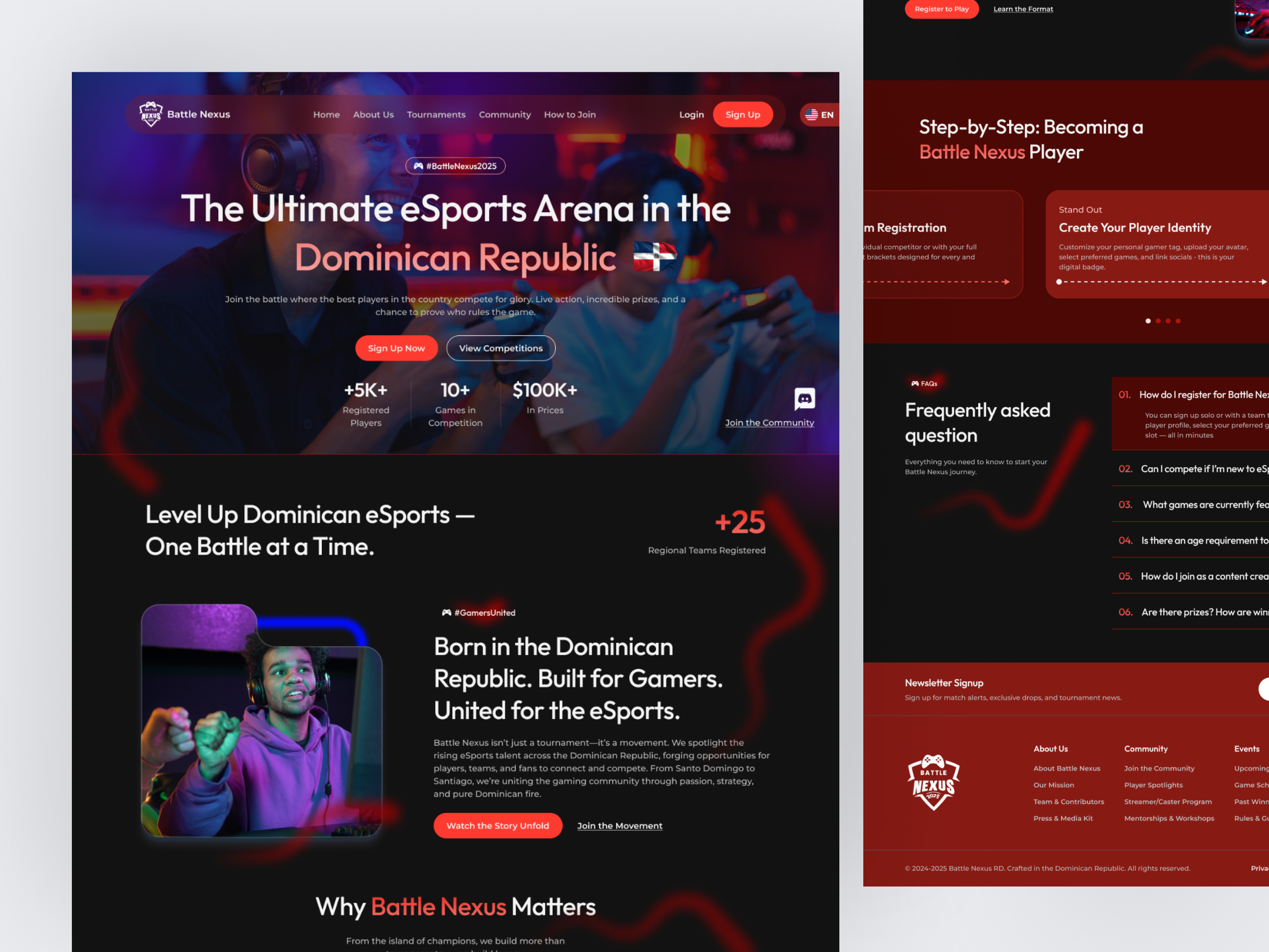 Battle Nexus RD — Dominican eSports Landing Page branding color palettle creative design dominican republic dribbble esports gaming gaming website interface design landing landing page logo design typography ui design uiux ux design web concept web layout website