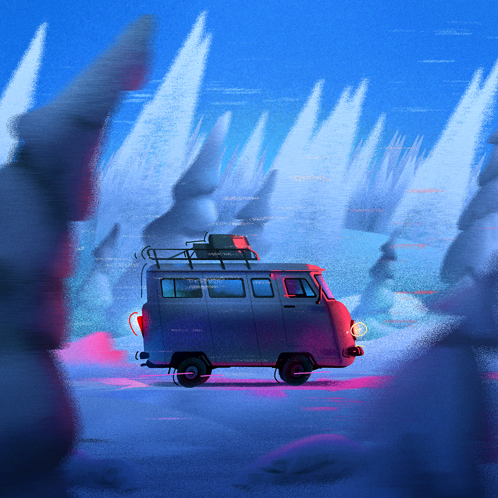 The Winter animation car forest motion graphics tree uaz winter