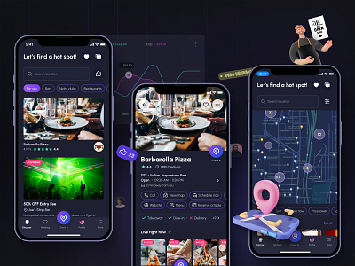 Restaurant Guide Mobile App 3d app dark mode filter guide interface ios map mobile mobile design navigation restaurant search ui user experience design user interface design