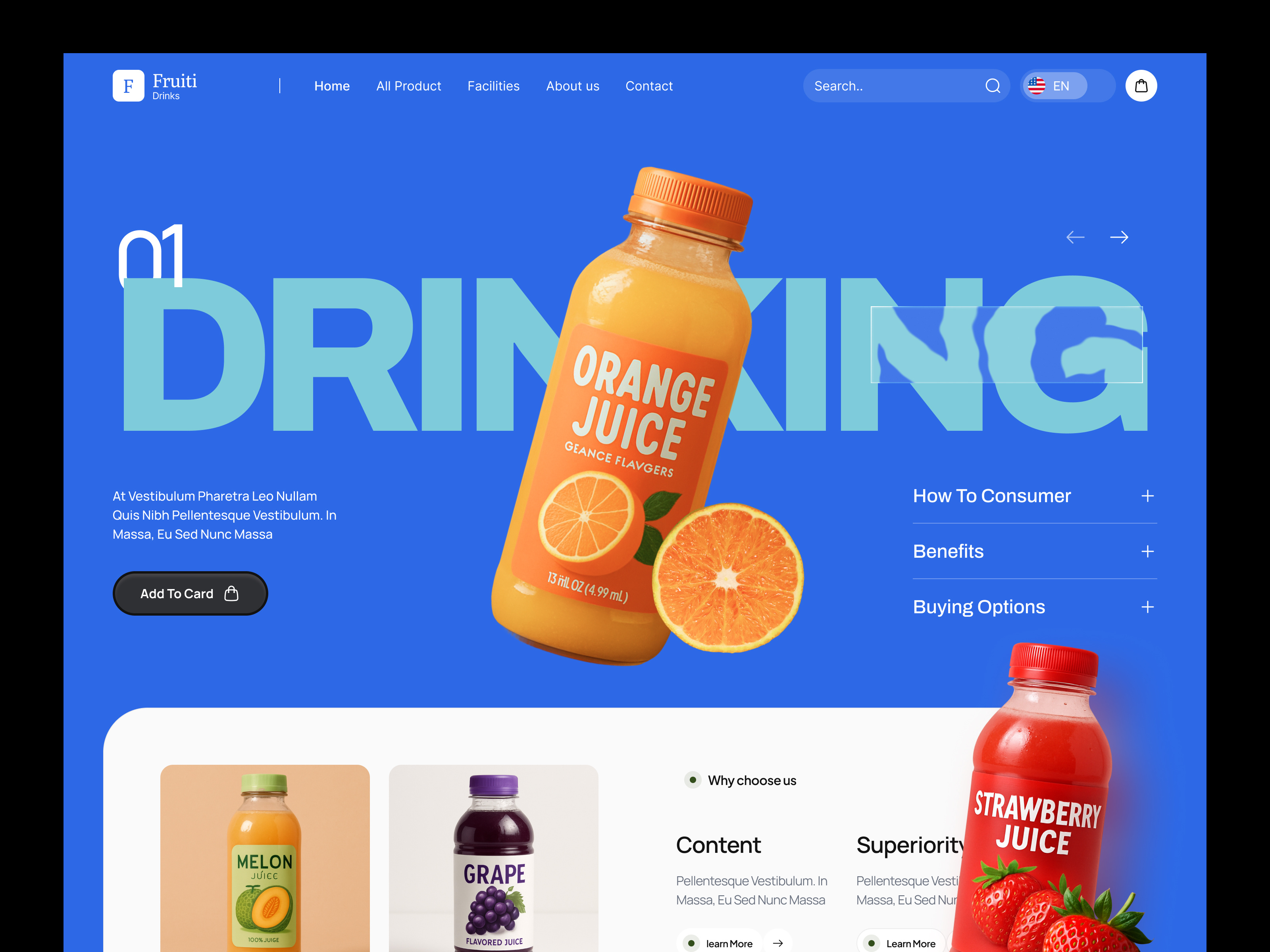 Fruiti - Juice Drinks Marketing Store branding delivery design ecommerce elementor food framer juice landing marketing online order page product shop store ui webflow website wordpress