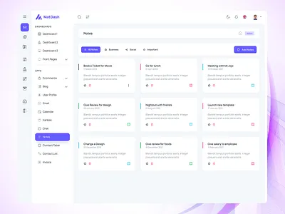MatDash Notes Page Design admin dashboard ui admin notes module admin template inspiration dashboard note taking note app ui notes design ui notes page design notes page ui notes page ui design notes page ui ux notes taking design productivity dashboard design productivity tool project management dashboard responsive admin ui saas saas design saas ui task manager user friendly dashboard