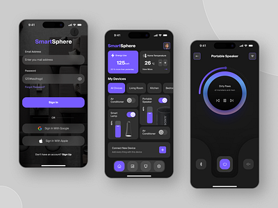 SmartSphere – IoT Mobile App UI darkmode darkmodedesign dashboarddesign figma homeautomation iot iotapp mobileapp mobileappdesign productdesign smartdevices smarthome uidesign uxui