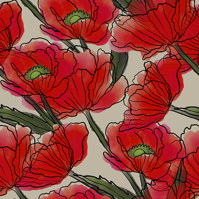 Red Watercolor Flowers With Ink. Seamless pattern fabric fashion flower graphic design pattern poppy red seamless textile