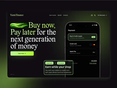 Yumi Finance, design concept of crypto animation black crypto design fintech graphic design key visual main typography ui web