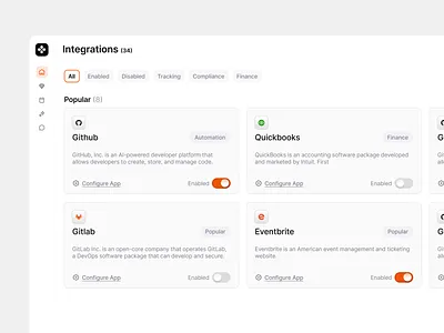 Integrations Light Mode app cards clean components configuration design details integrations interface manage minimal product saas settings ui ui design ux ux design web