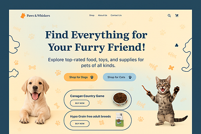 Adorable Pet Supply Store Landing Page UI 3d animal animation brand branding cardboard cat store design direction dog ui graphic design illustration logo motion graphics online store pet care pet website ui