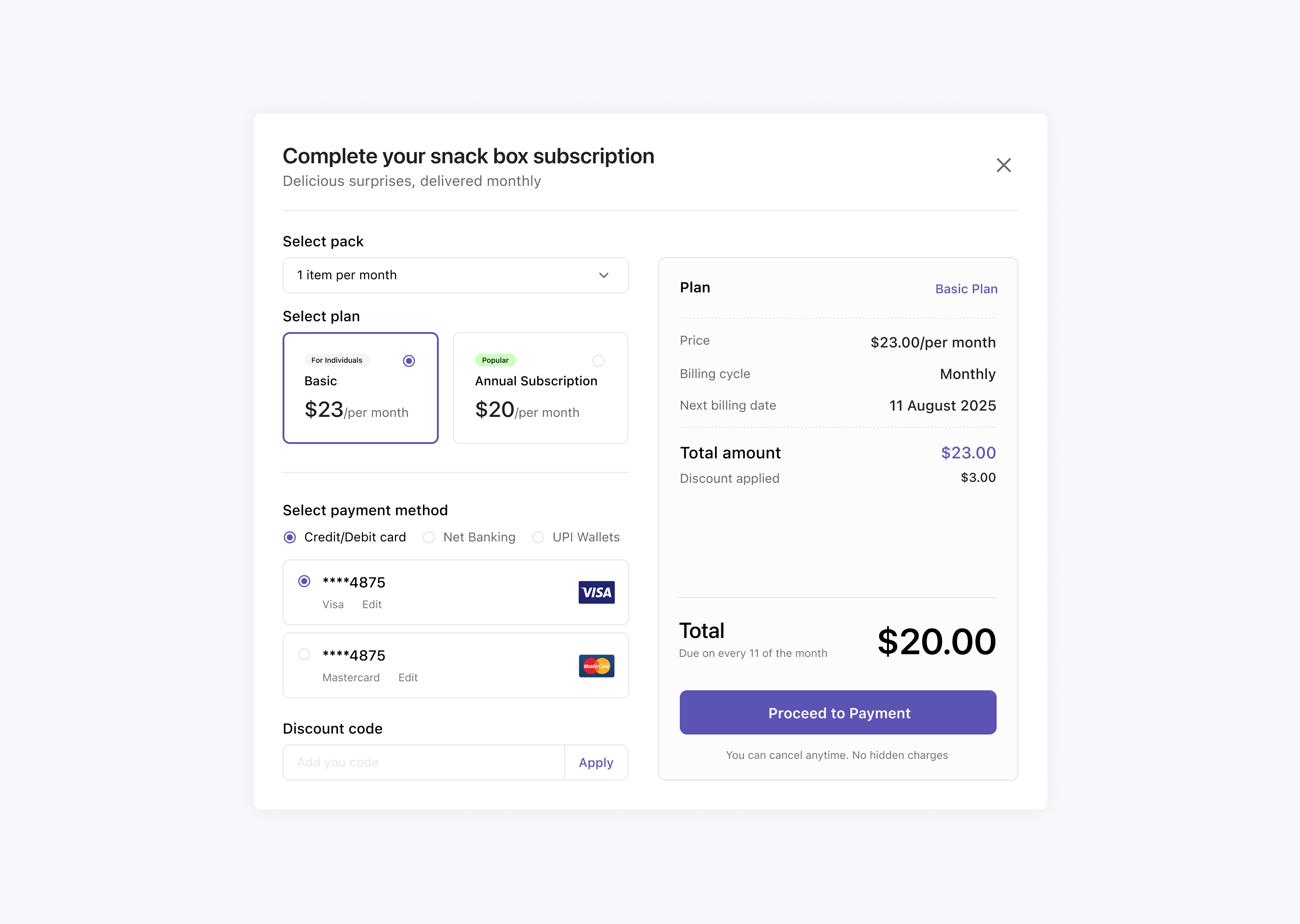 Snack subscription Web payment design payment ui ux webdesign