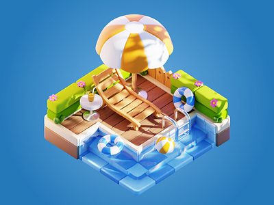 Summer Pool 3D Isometric Illustration 3d 3d illustration illustration isometric pool stylized3d summer summer vibes ui