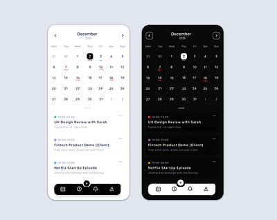 Calendar App UI – Light & Dark Mode app ui calendar dark mode graphic design light mode productivity schedulingapp ui ui ux