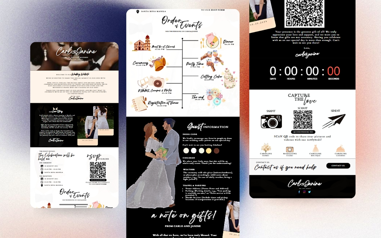 Elegant Black & White Wedding Website Template (Canva) blackandwhitetemplate blackwedding canvatemplate design graphic design invitation ui webdesign website websitetemplate weddigwebsite wedding weddinginvitation weddingtemplate weddingwebsite
