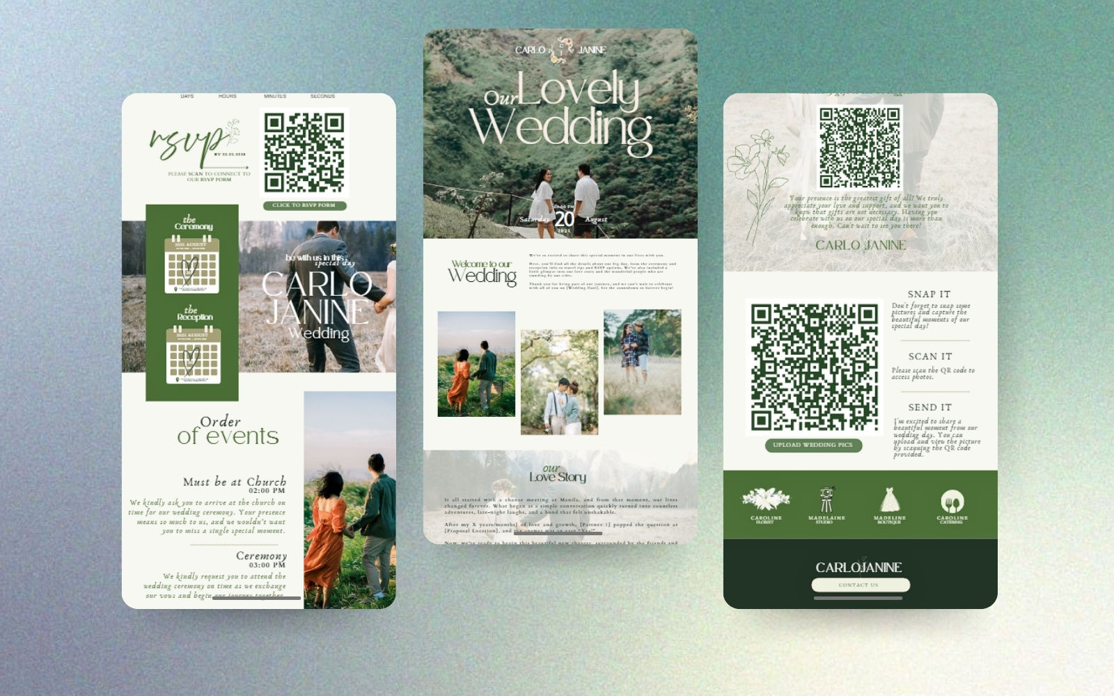 Nature-Inspired Green Wedding Website Template (Canva) animation canvatemplate design graphic design greenwedding greenweddingtemplaye invitation ui website websitetemplate wedding weddinginvitation weddingtemplate weddingwebsite