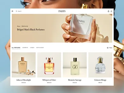 PARFS — eCommerce product page ui ux design beauty product catalog ecommerce shop page elegant shop layout luxury e commerce luxury perfume luxury ui minimal shop design online store perfume shop page perfume website premium perfume brands premium product listing product grid ui product page product page ui responsive website shop page design ui uiux design ux