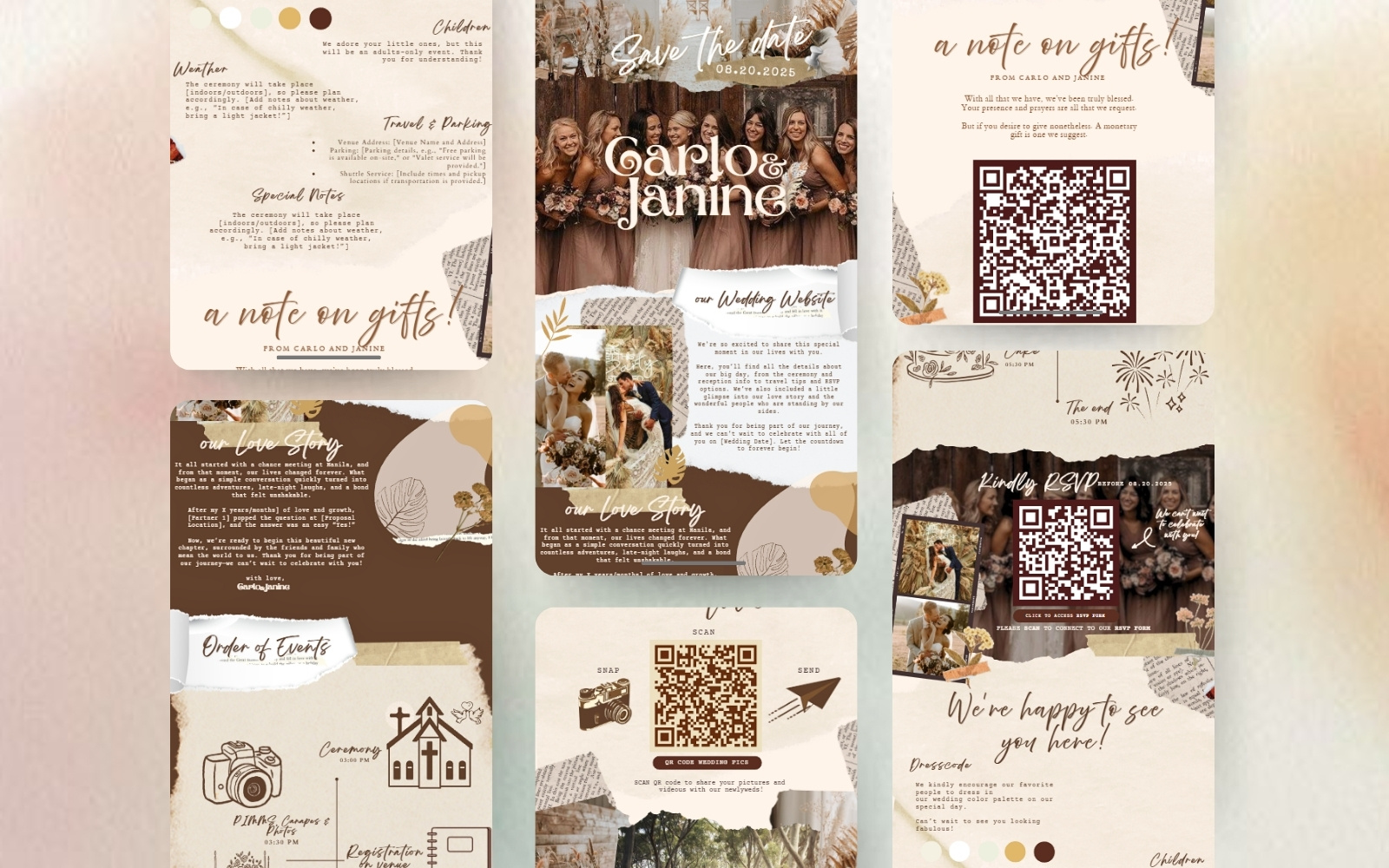Boho-Inspired Wedding Website Template (Canva) animation bohowedding bohoweddingtemplate brownweddingwebsite canvatemplate design graphic design invitation ui website websitetemplate wedding weddinginvitation weddingtemplate weddingwebsite