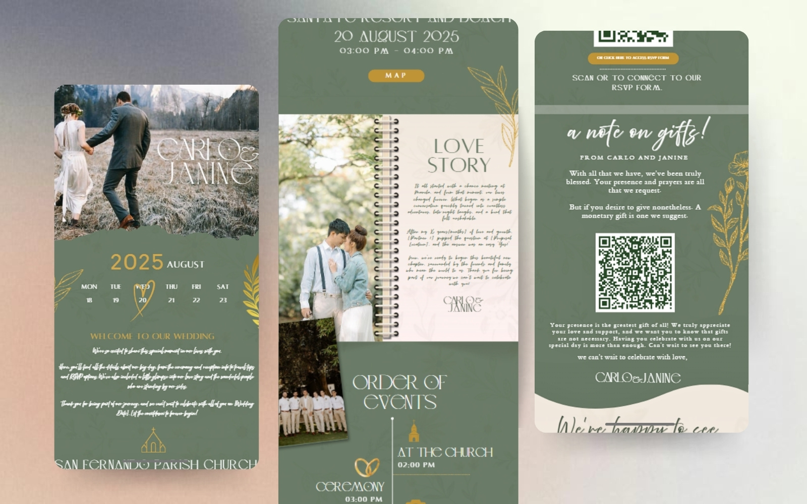 Modern Aesthetic Green Wedding Website Template (Canva) animation canvatemplate design graphic design greenweddingtemplate invitation ui webdesign website websitetemplate wedding weddinginvitation weddingtemplate weddingwebsite