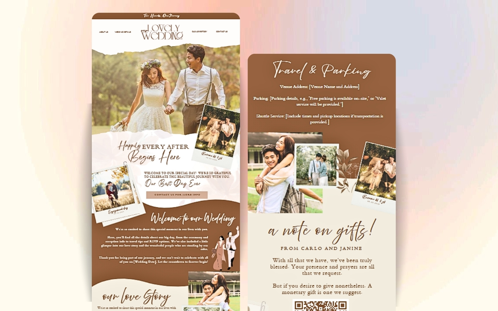 Minimalist Brown Aesthetic Wedding Website Template (Canva) animation brownwedding brownweddingwebsite canvatemplate design graphic design invitation ui website websitetemplate wedding weddinginvitation weddingtemplate weddingwebsite