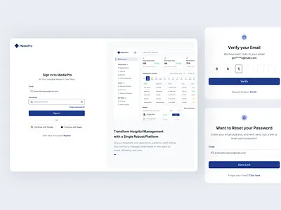 MedixPro – Clean & Modern Hospital Management Login Flow UI authenticationflow dashboardui emailverification figmadesign healthcareui hospitalapp logindesign medtech passwordreset saasdesign