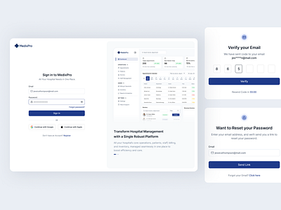 MedixPro – Clean & Modern Hospital Management Login Flow UI authenticationflow dashboardui emailverification figmadesign healthcareui hospitalapp logindesign medtech passwordreset saasdesign