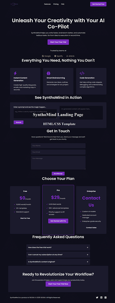 SynthoMind - Premium AI SaaS Landing Page Template ai css dark mode frontend html landing page product design saas startup template ui uikit uiux ux website design