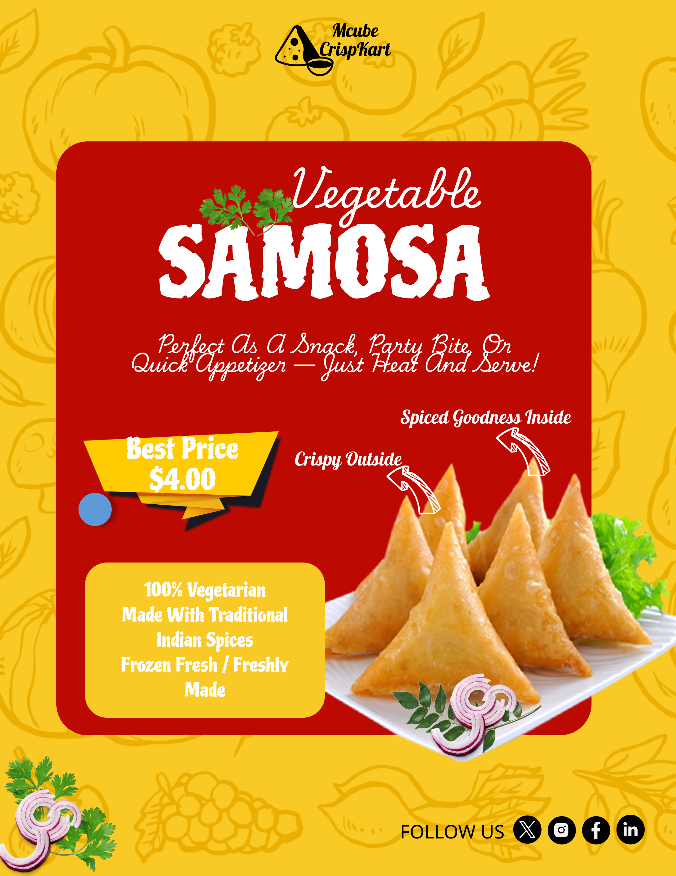 Veg Samosa Poster Design 3d animation branding design figma graphic design illustration logo spicy food ad ui website