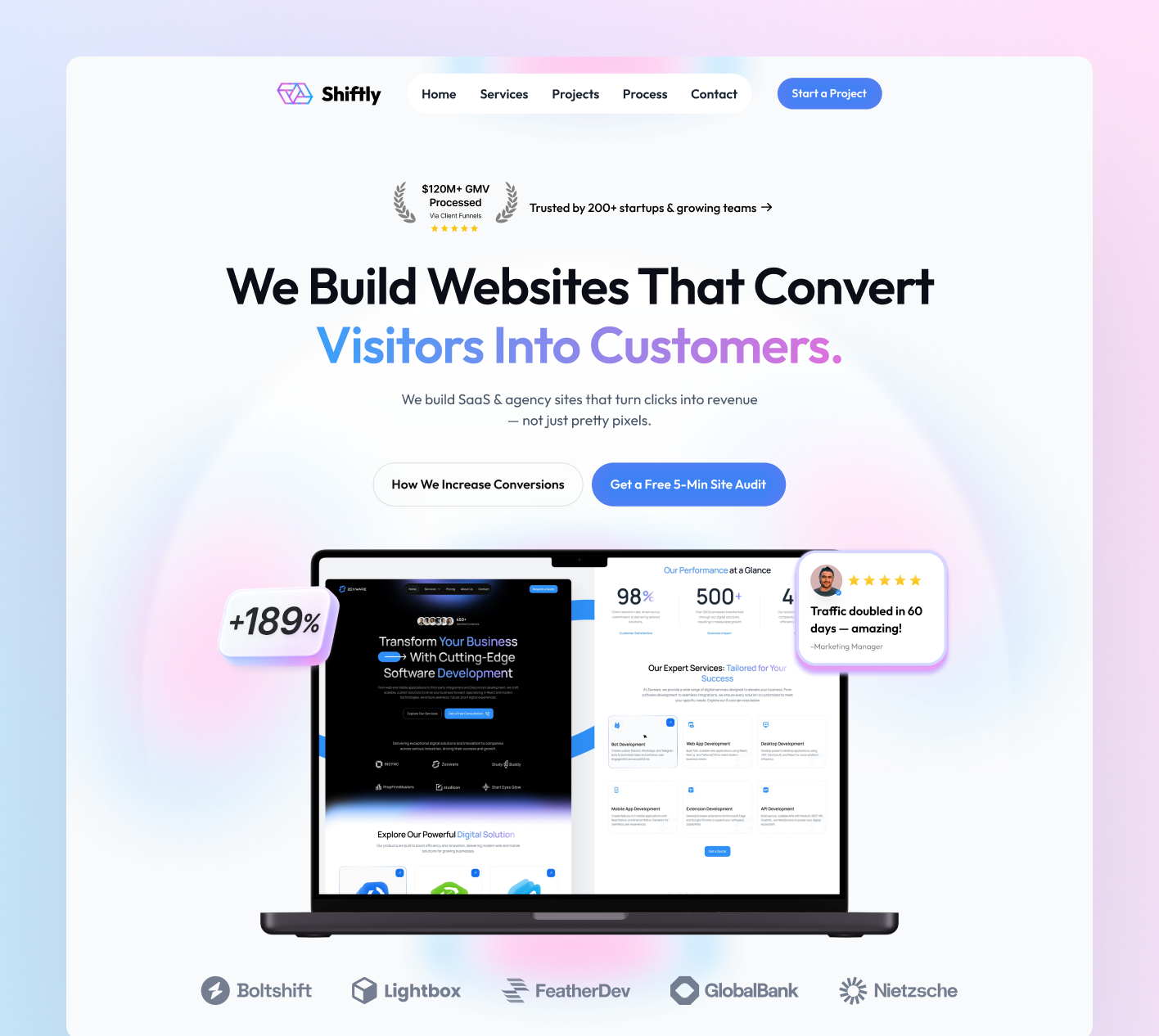 Shiftly Agency - Creative Studio Website Hero calm color design clean design creative agency website design floating ui elements high converting web design landing page minimal agency look modern ui hero portfolio hero design scroll starting hero studio landing page ui ui design web design website design white themed layout