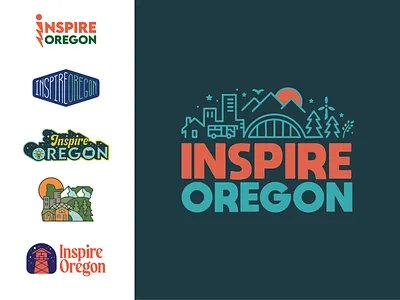 Inspire Oregon branding cityscape education enviornment icon illustration infrastructure logo monoline non proft oregon pacific northwest philanthropy pnw portalnd portland science the duck transportation university