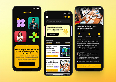 Learnify — Modern Learning Mobile App UI Design appconcept appdesign courseapp darkmode designinspiration dribbleshot educationapp elearning figmadesign learnify learningapp mobileapp mobileui onlinelearning ui uiux userinterface uxdesign visualdesign
