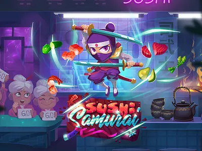 Sushi Samurai - Mobile Game Art & UI 2d 2d art 2d game art casual art food game game art game background game design game food game props game ui game ui ux mobile game mobile game art mobile game ui mobile games samurai sushi ui